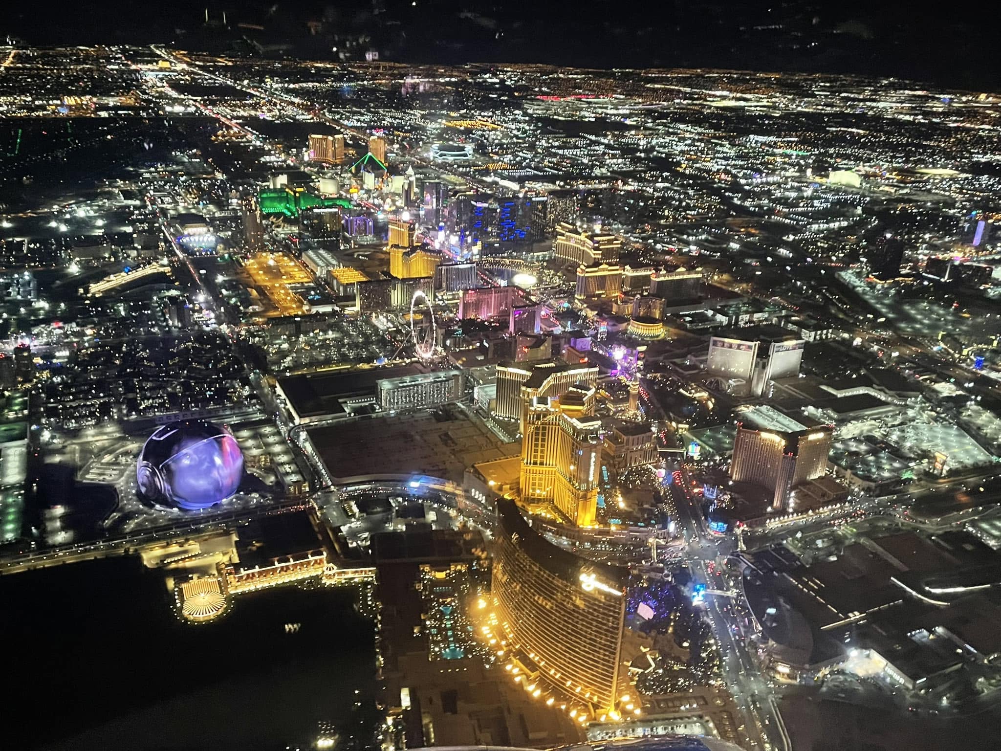 Aerial view of the Las Vegas Strip and Sphere at night